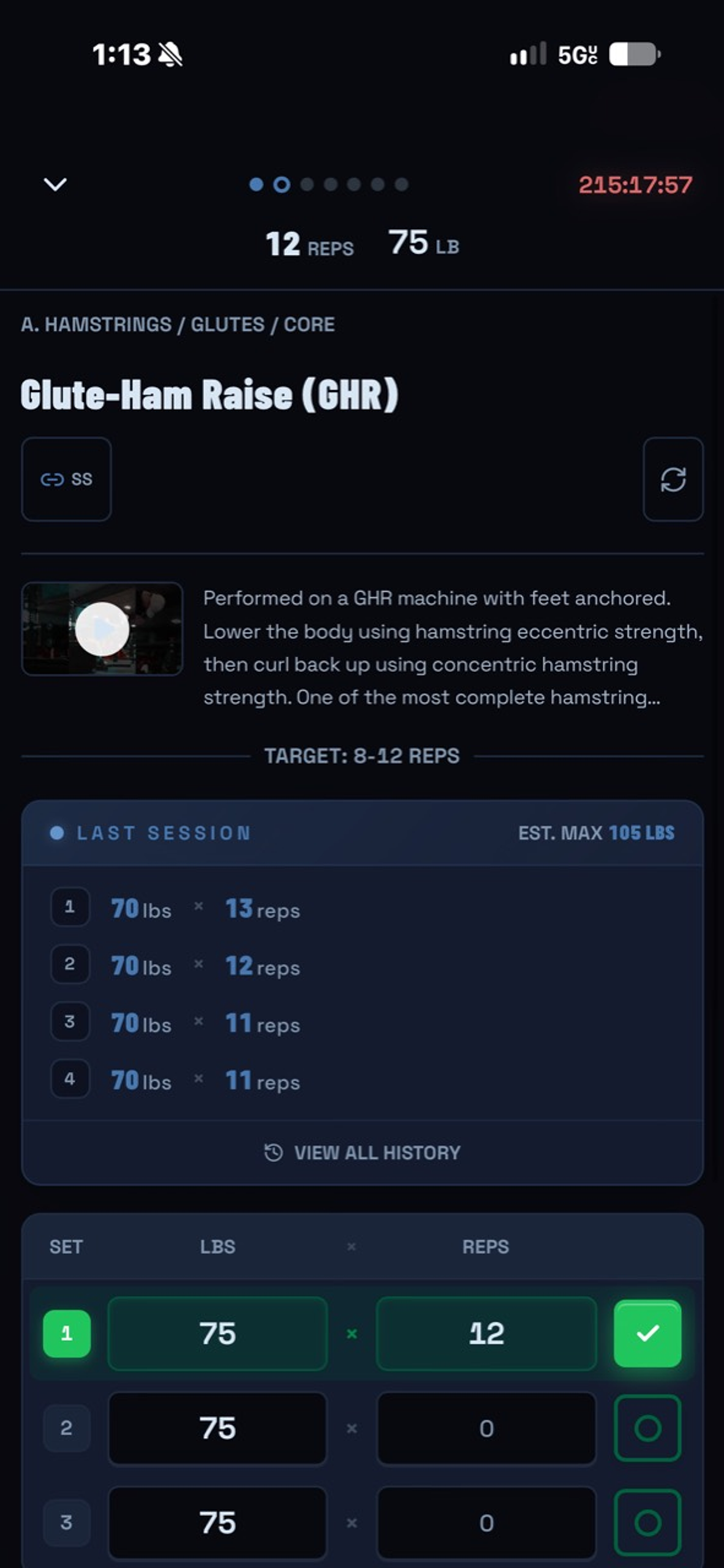 Muscle Mentor active workout with exercise navigation, rep targets, and completed sets