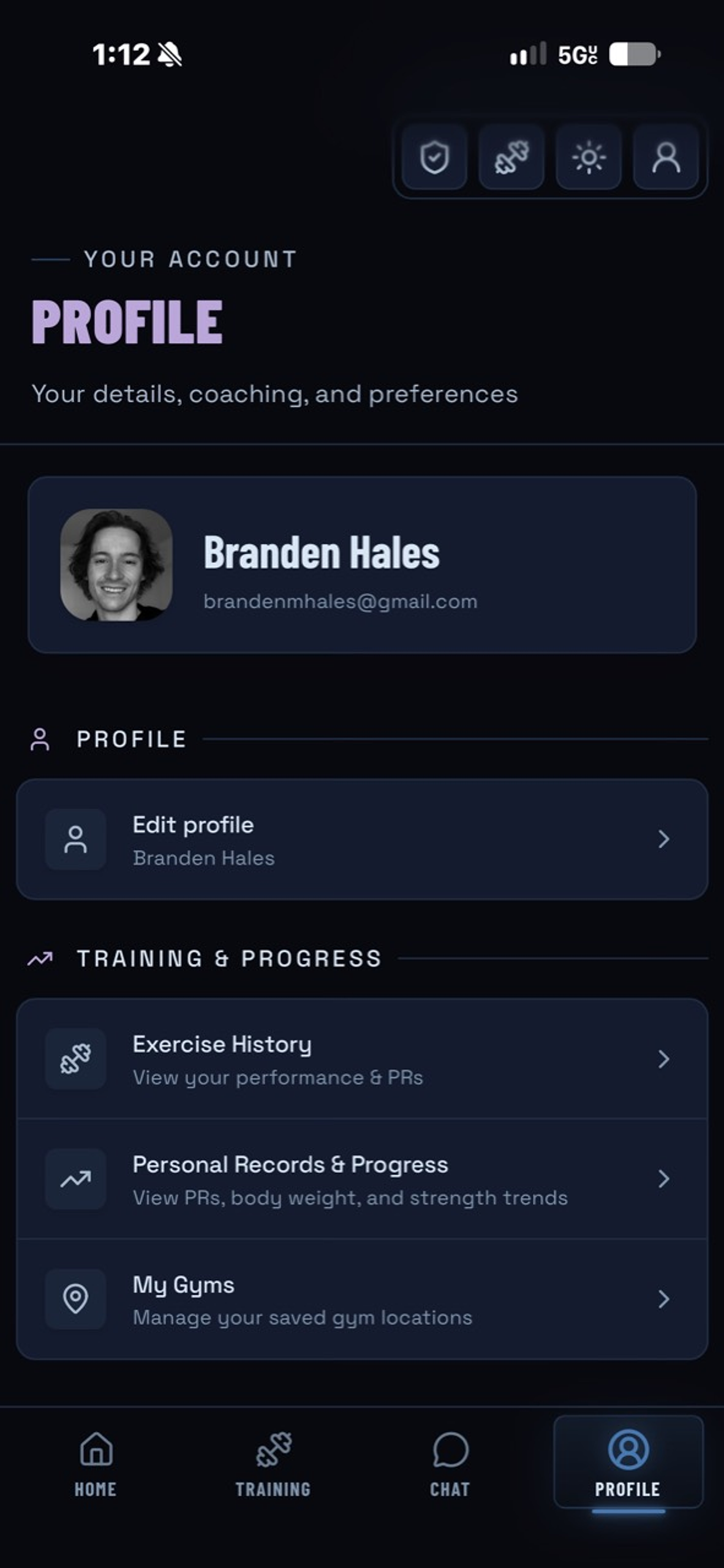 Muscle Mentor profile with account settings, exercise history, and progress links