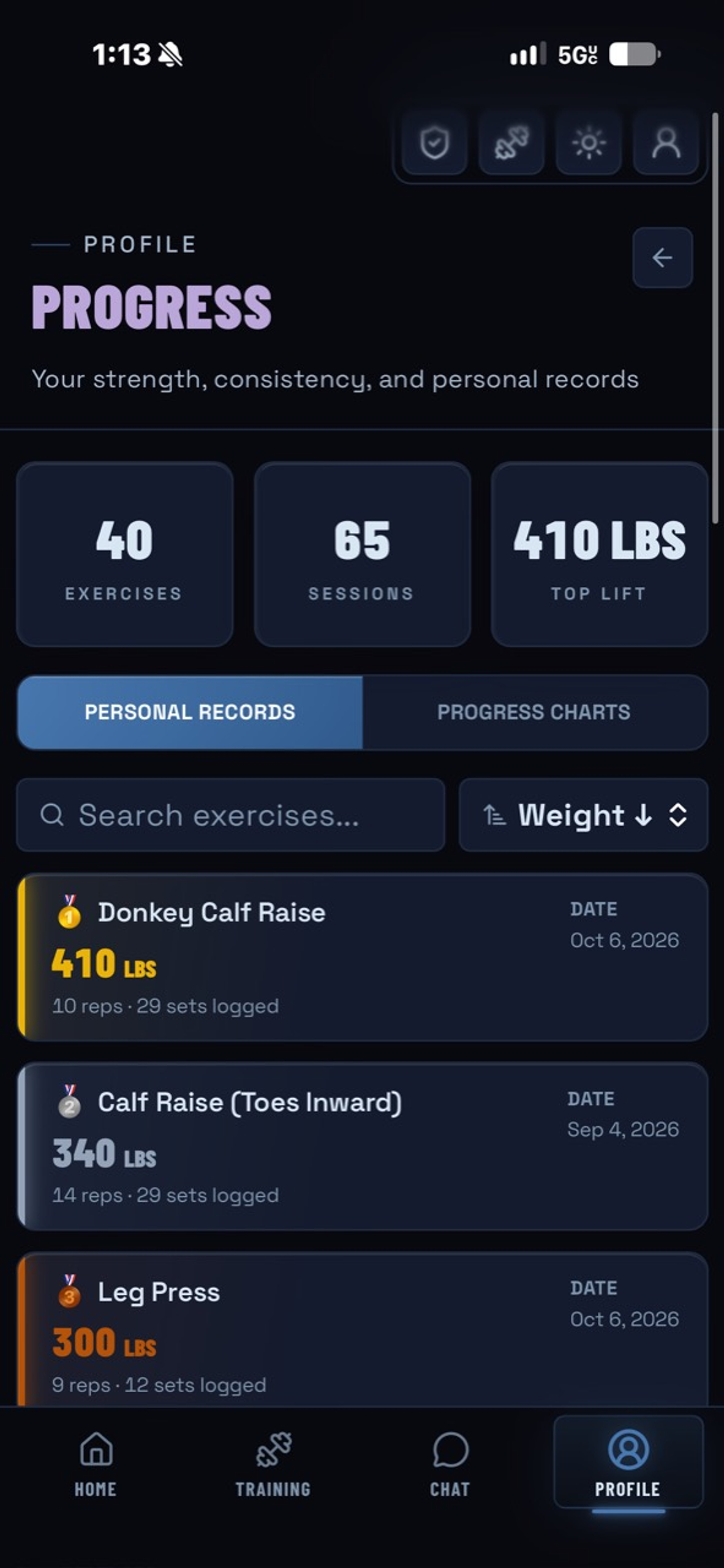 Muscle Mentor progress page showing exercise totals, sessions, and ranked personal records