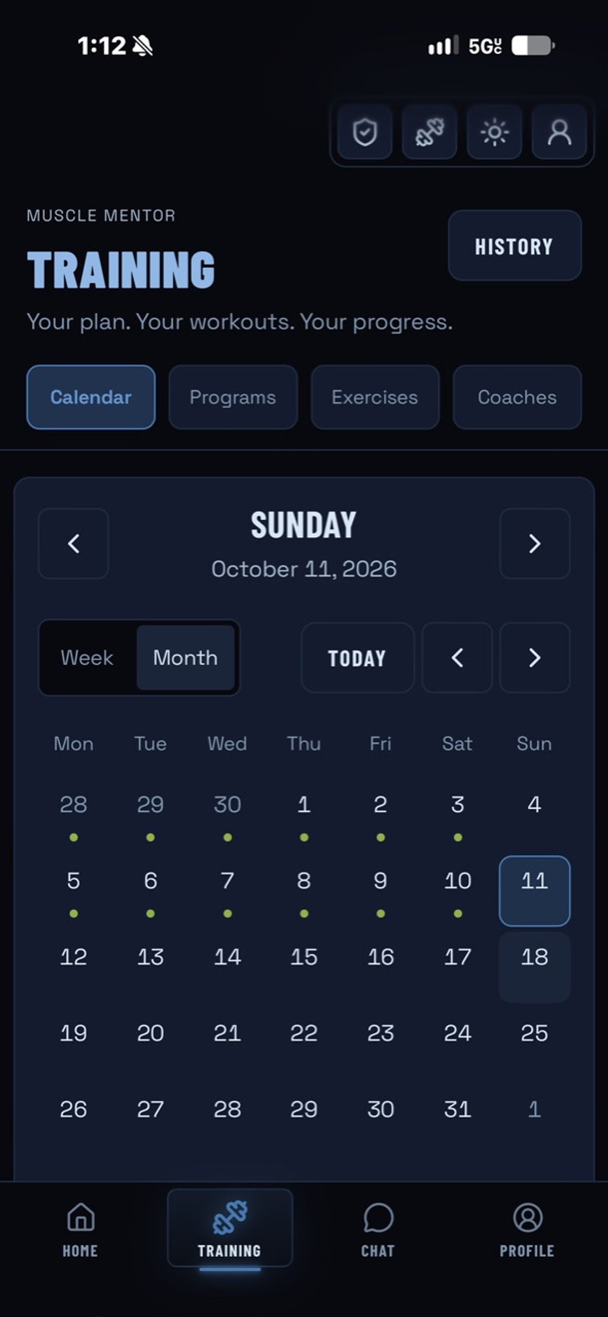 Muscle Mentor monthly training calendar with scheduled sessions